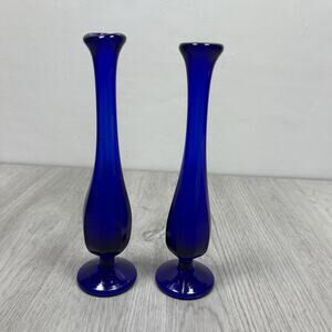 2 Vintage 8" Cobalt Blue Art MCM Flower Bud Vase Lot Mid-Century Modern Decor